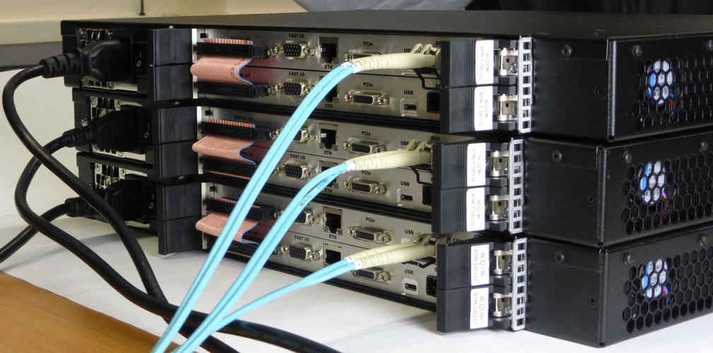 AO32CPCI/RTM-T Rear View showing fiber optic cable, one per card pair.